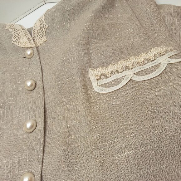 Vintage '80s Domestic USA Rayon/Flax Blazer Jacket Shoulderpads Lace Brooch (10) - Picture 8 of 13